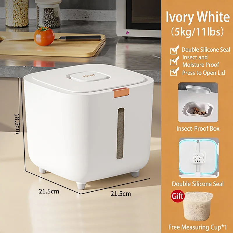 Airtight Rice Storage Container with Double Silicone Seal and Recessed Latch