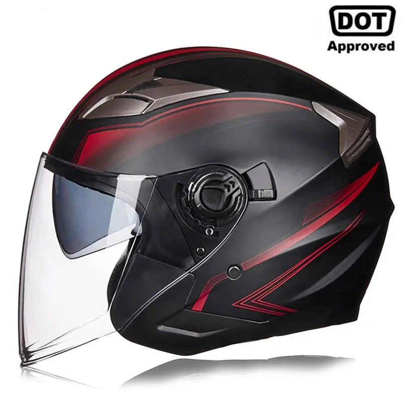 Black motorcycle helmet with a clear visor and red accents, shown from the front.
