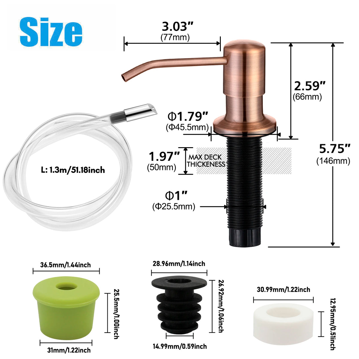 Stainless steel liquid soap dispenser with a brass spout and clear tube, shown with various components.
