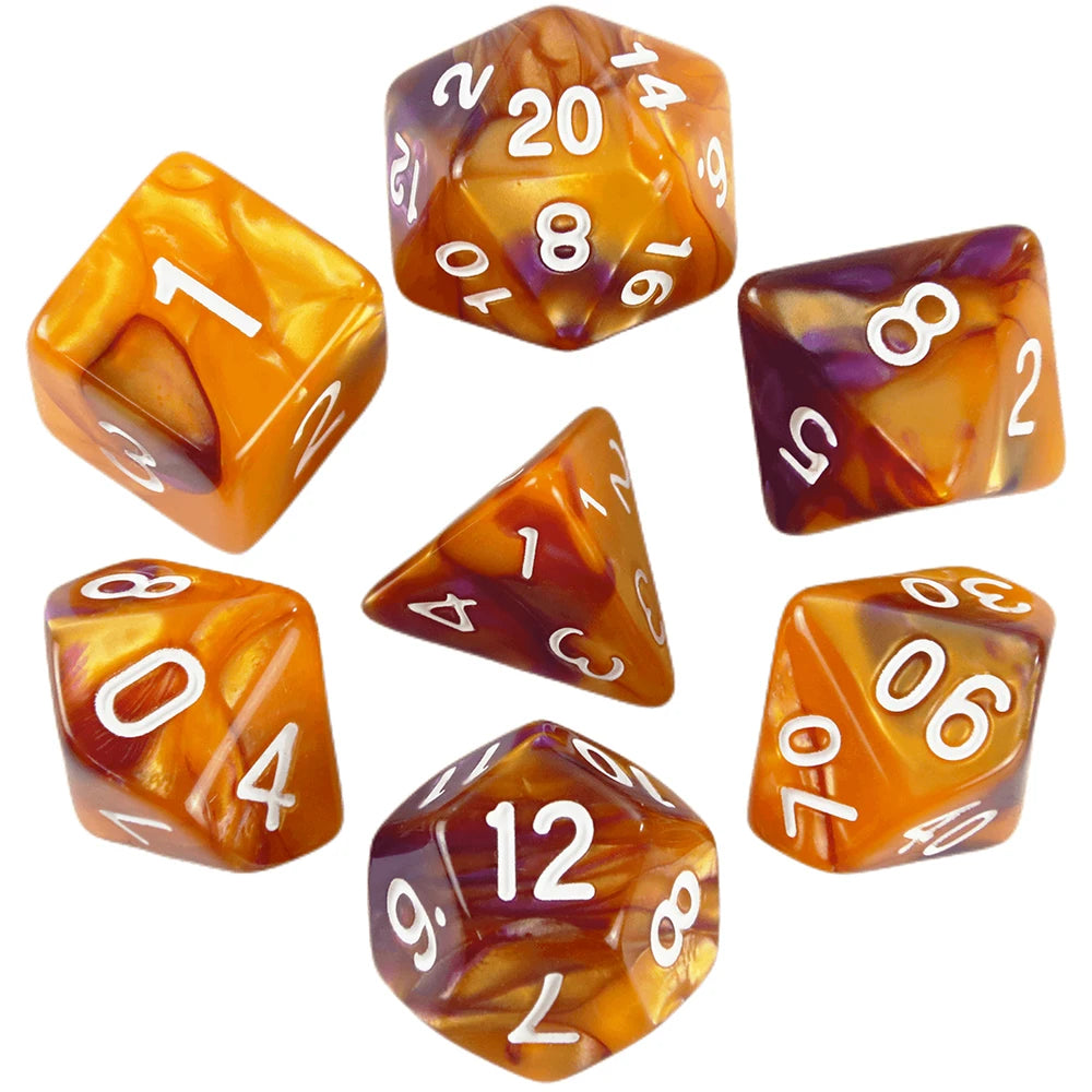 A collection of seven polyhedral dice in various colors and angles for role-playing games