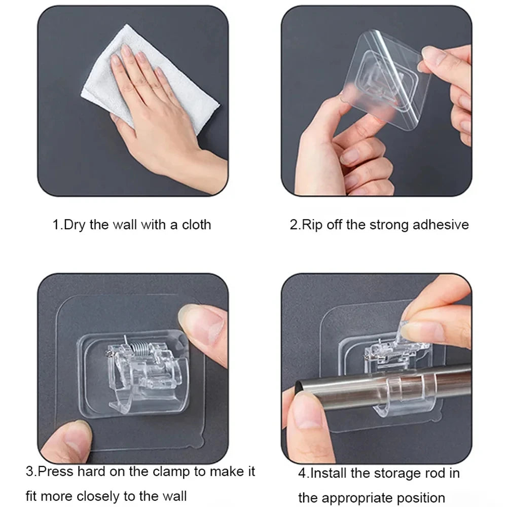 Instructions showing how to use self-adhesive curtain rod hooks to install storage rods on a wall.