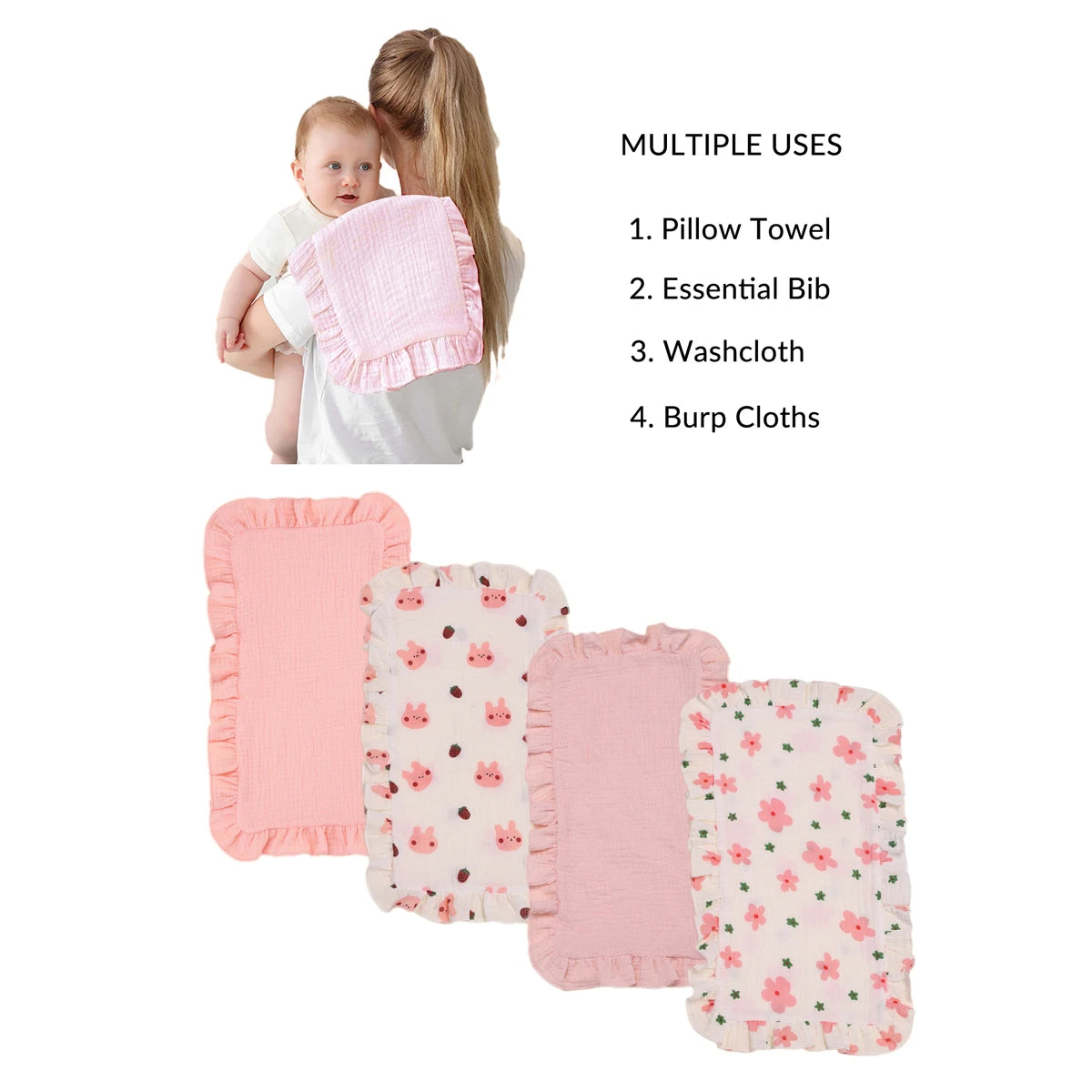 Soft Muslin Gauze Burp Cloths with Ruffle Trim (4-Pack)