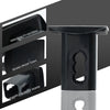 Black trailer hitch receiver plug cover showing various features like high quality material and multiple keyhole designs