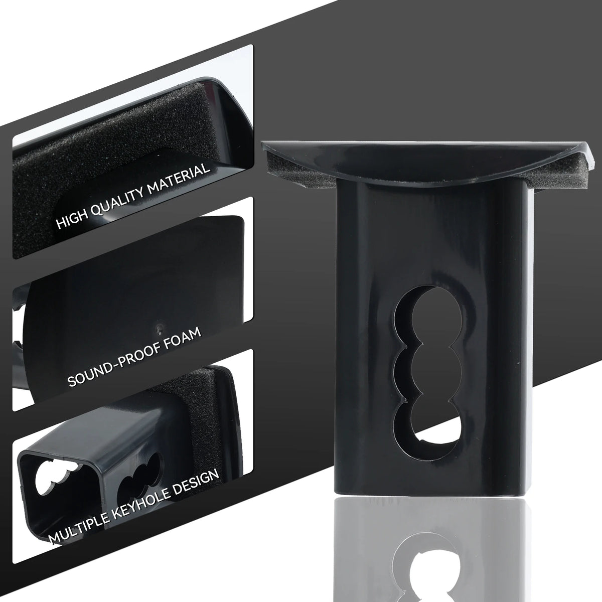 Black trailer hitch receiver plug cover showing various features like high quality material and multiple keyhole designs