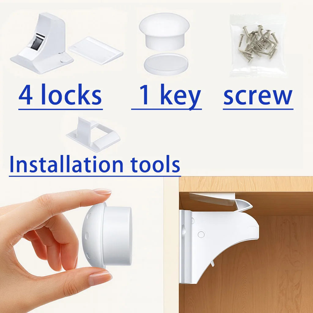 A hand holds a white magnetic cabinet lock, demonstrating the installation tool for child safety locks.