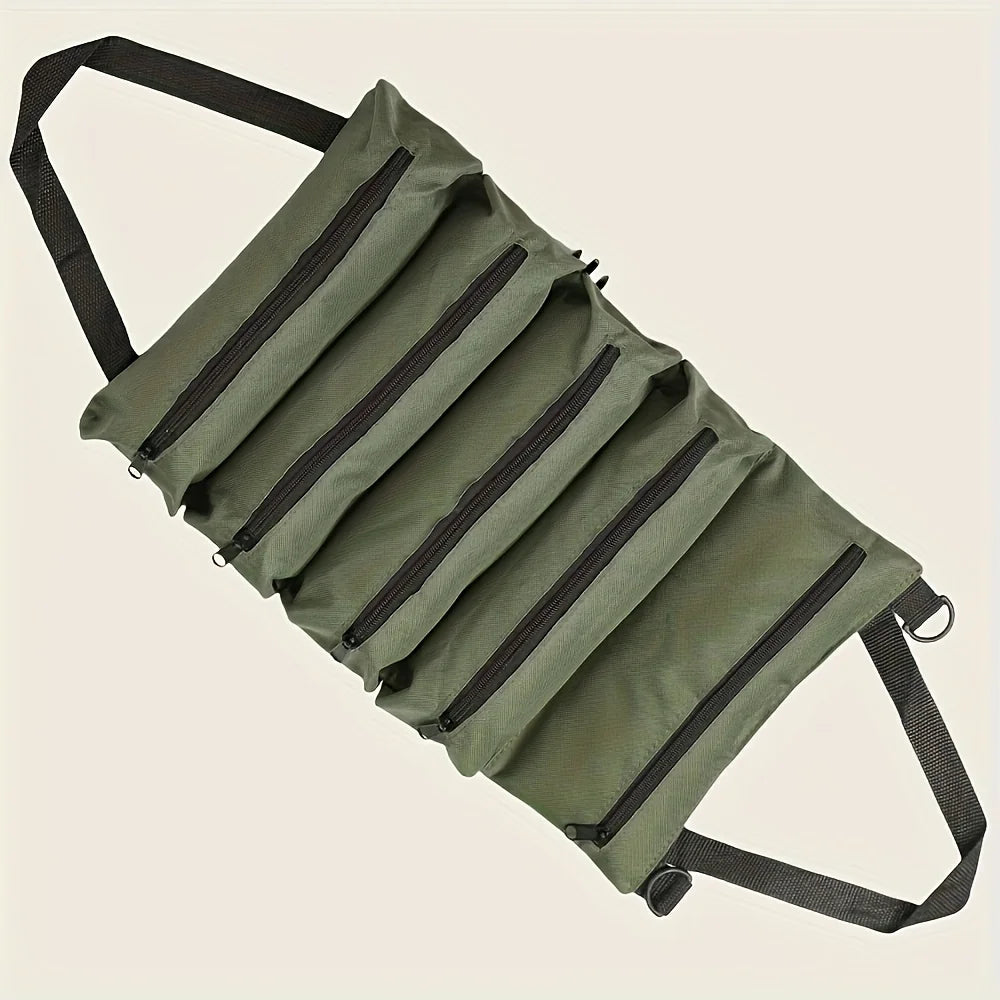 Olive green roll-up multi-pocket tool organizer bag with black straps