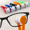 A set of five colored cleaning tools for eyeglasses, including microfiber cloths and brushes.