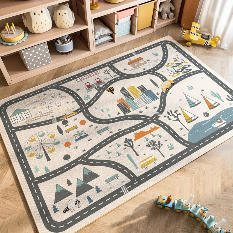 A colorful cartoon car traffic play mat rug featuring various vehicles and road designs for a nursery or playroom.