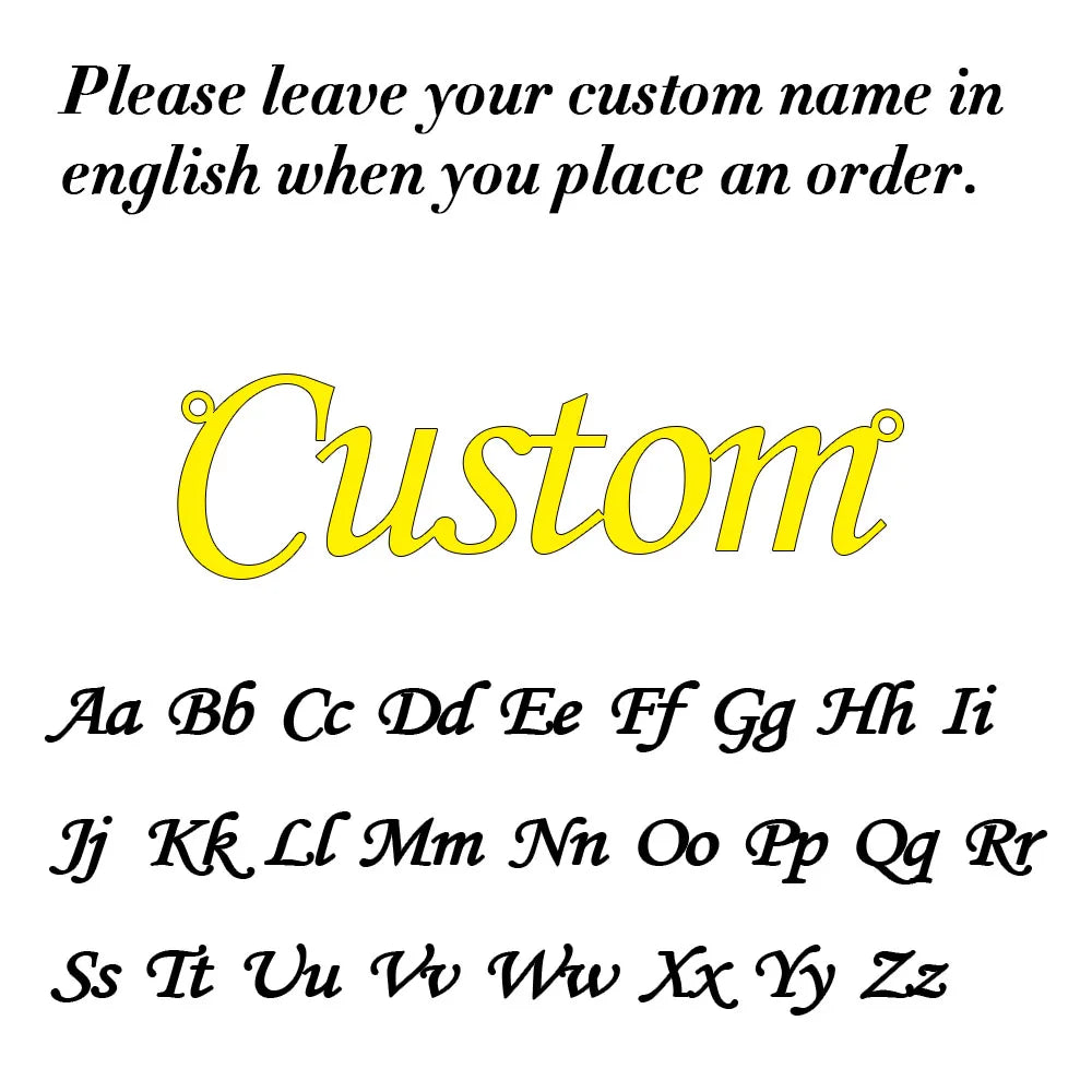 A list of English letters and numbers for custom name placement on a necklace.