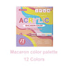 A box of 12-color acrylic paint markers featuring a macaron color palette and soft brush tips.