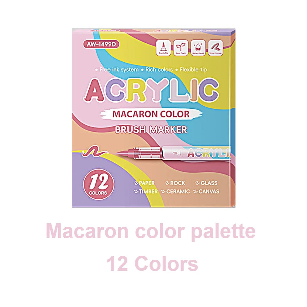 A box of 12-color acrylic paint markers featuring a macaron color palette and soft brush tips.
