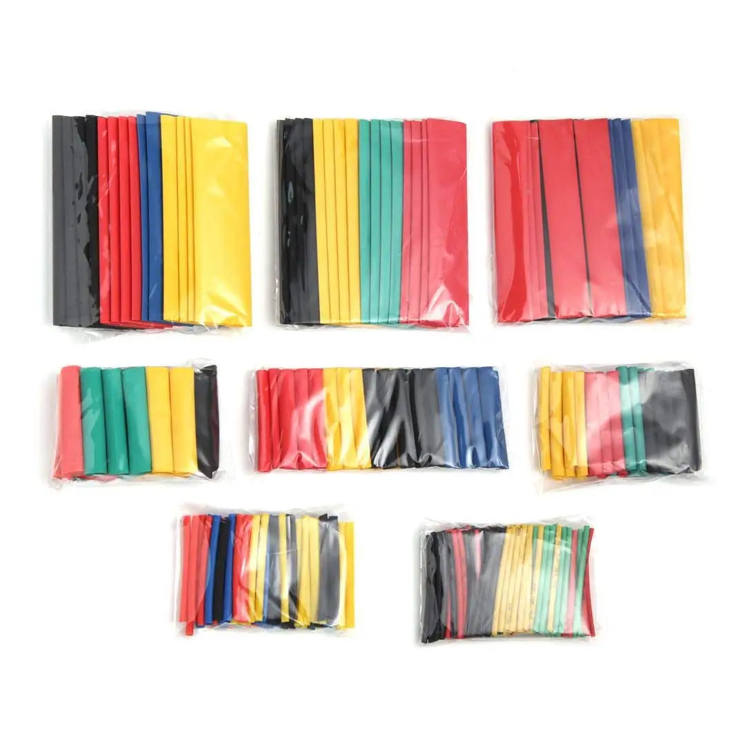 Assortment kit of heat shrink tubing in various colors including red, blue, yellow, and black.