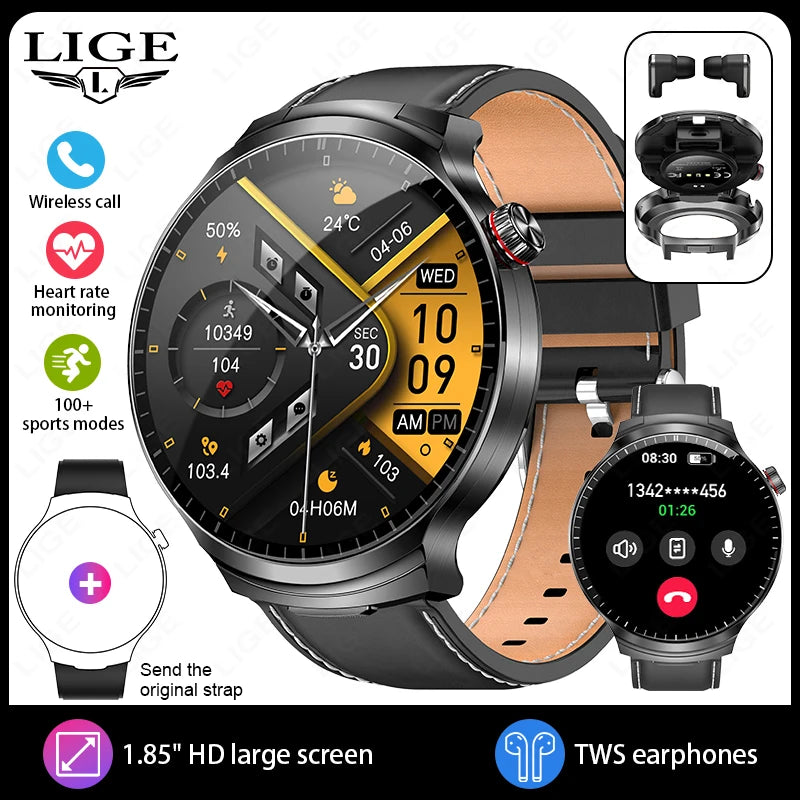 Montre connectée noire avec bracelet doré et écouteurs sans fil.