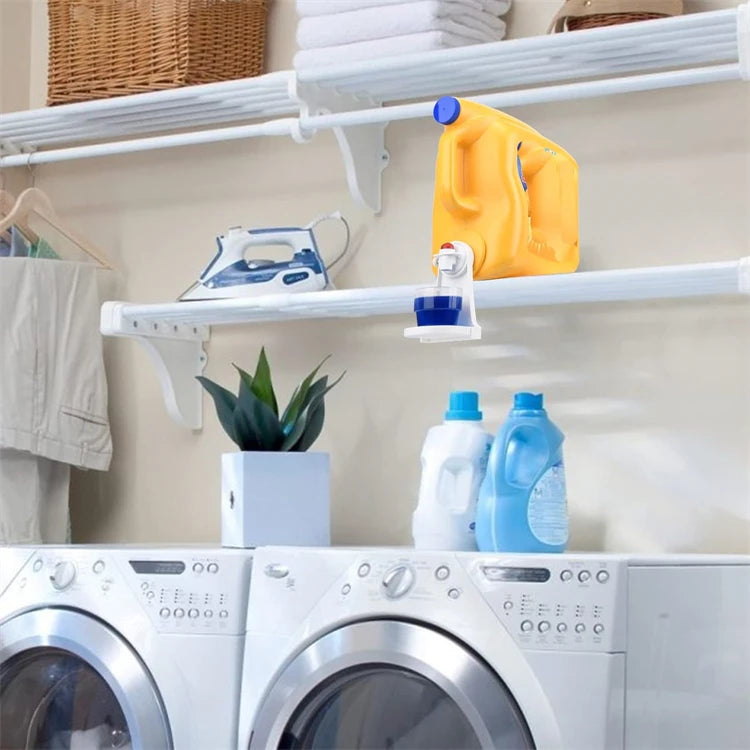A white plastic laundry detergent cup holder with a yellow drip tray is displayed on a shelf above a washing machine.
