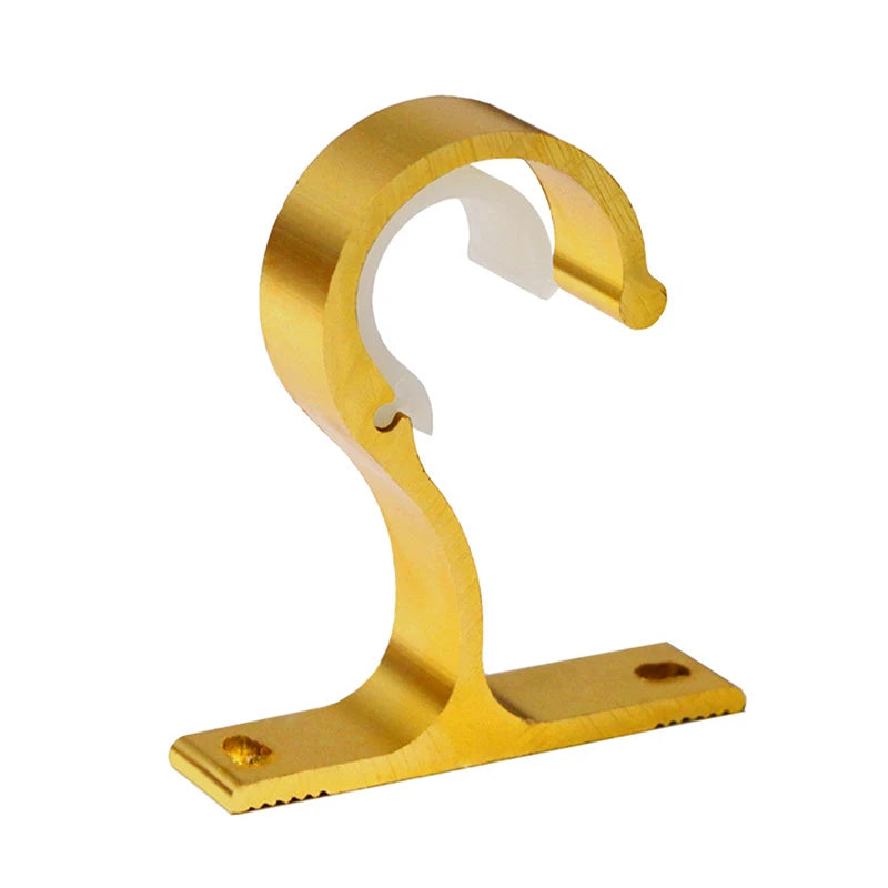 A brass curtain rod bracket with a curved hook and a flat base for securing window treatments.