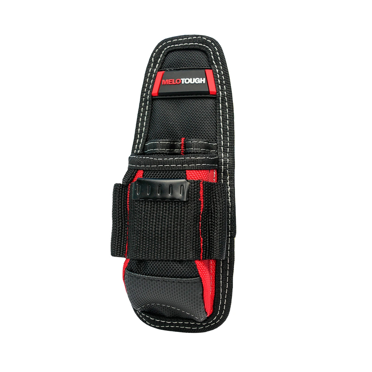 Black and red compact clip-on tool pouch with a belt holster.