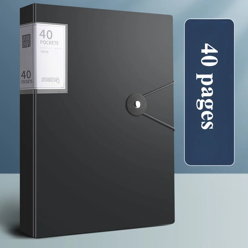 A black A4 expanding file organizer with a silver lock and a blue label indicating 40 pages