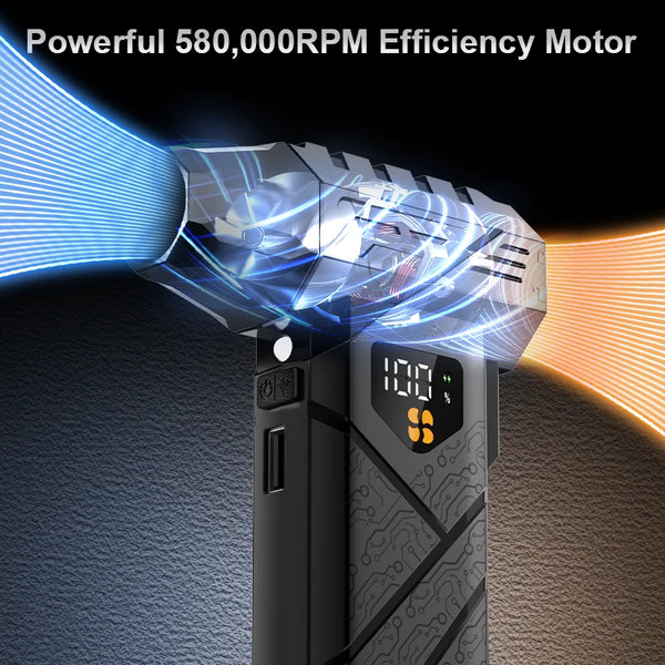 A close-up of a black cordless turbo blower with blue light effects, demonstrating its powerful motor.