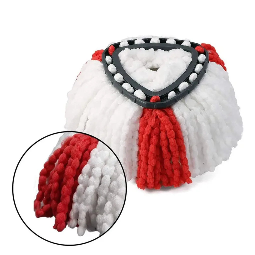 A white and red triangle-shaped rotating spin mop head replacement with a black ring.