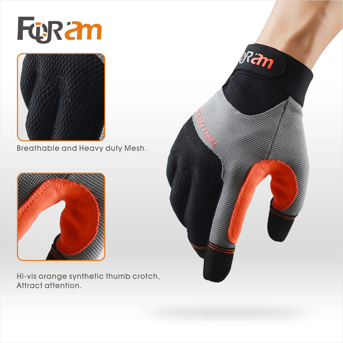 A close-up of a black and gray work glove showing breathable mesh and an orange synthetic thumb crotch.