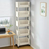 A tall, white mobile multi-tier storage cart with multiple open shelves is shown next to a window and a desk.