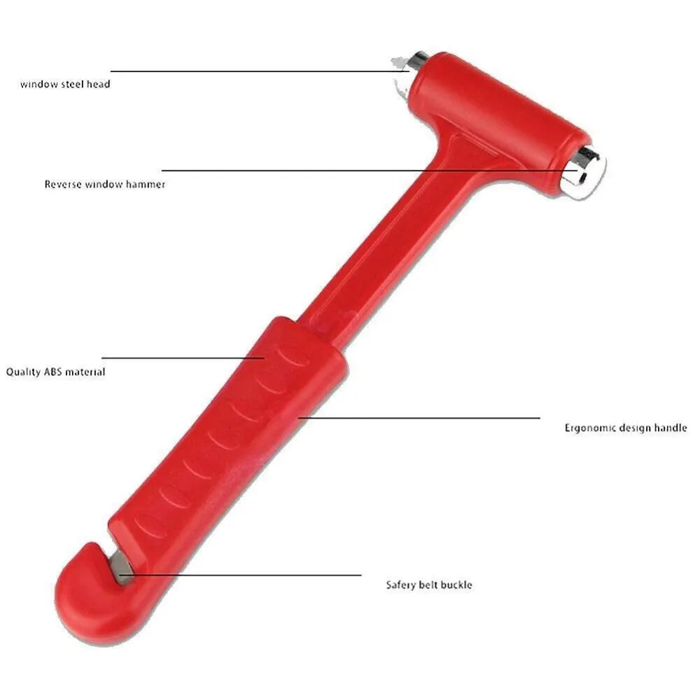 Red car emergency escape hammer with a steel head, designed for glass breaking and seatbelt cutting.