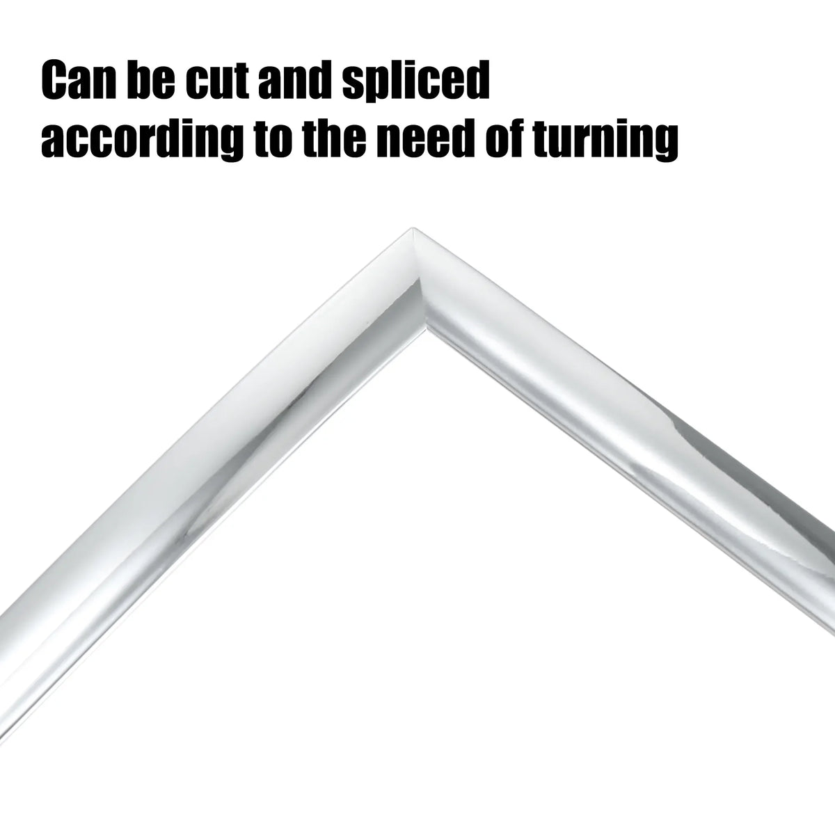 Chrome car door edge guard trim strip shown at an angle, capable of being cut and spliced for turning.