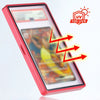 A red protective display case for trading cards showing UV protection features.
