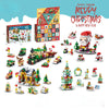 A collection of Christmas themed building blocks and figures for an advent calendar set.