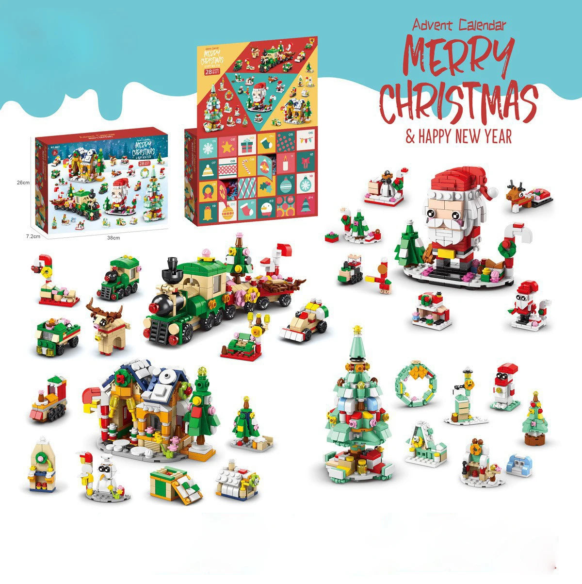 A collection of Christmas themed building blocks and figures for an advent calendar set.