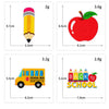 Four iron-on patches: a pencil, an apple, a school bus, and a 'Back to School' sign.