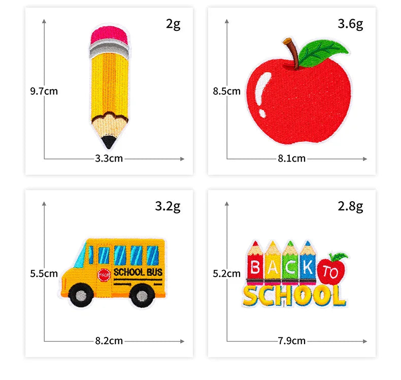 Four iron-on patches: a pencil, an apple, a school bus, and a 'Back to School' sign.