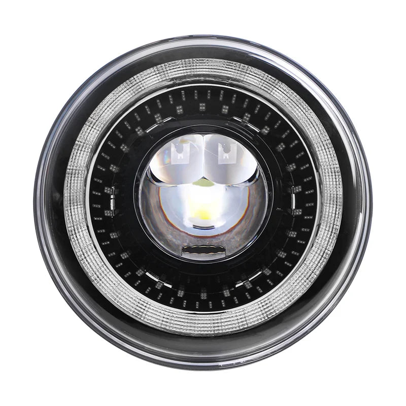 A close-up view of a 7-inch round LED headlight with a DRL halo and amber turn signal.