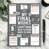 A spiral-bound planner titled My Final Wishes featuring various sections for end of life planning and wishes.