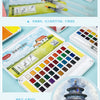 A watercolor paint set featuring various colors and water brush pens displayed in a white case.