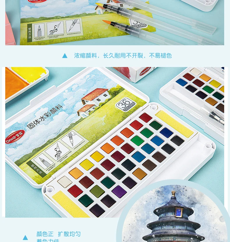 A watercolor paint set featuring various colors and water brush pens displayed in a white case.