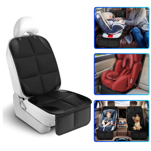 A universal car seat protector with an anti-slip base shown in various contexts.