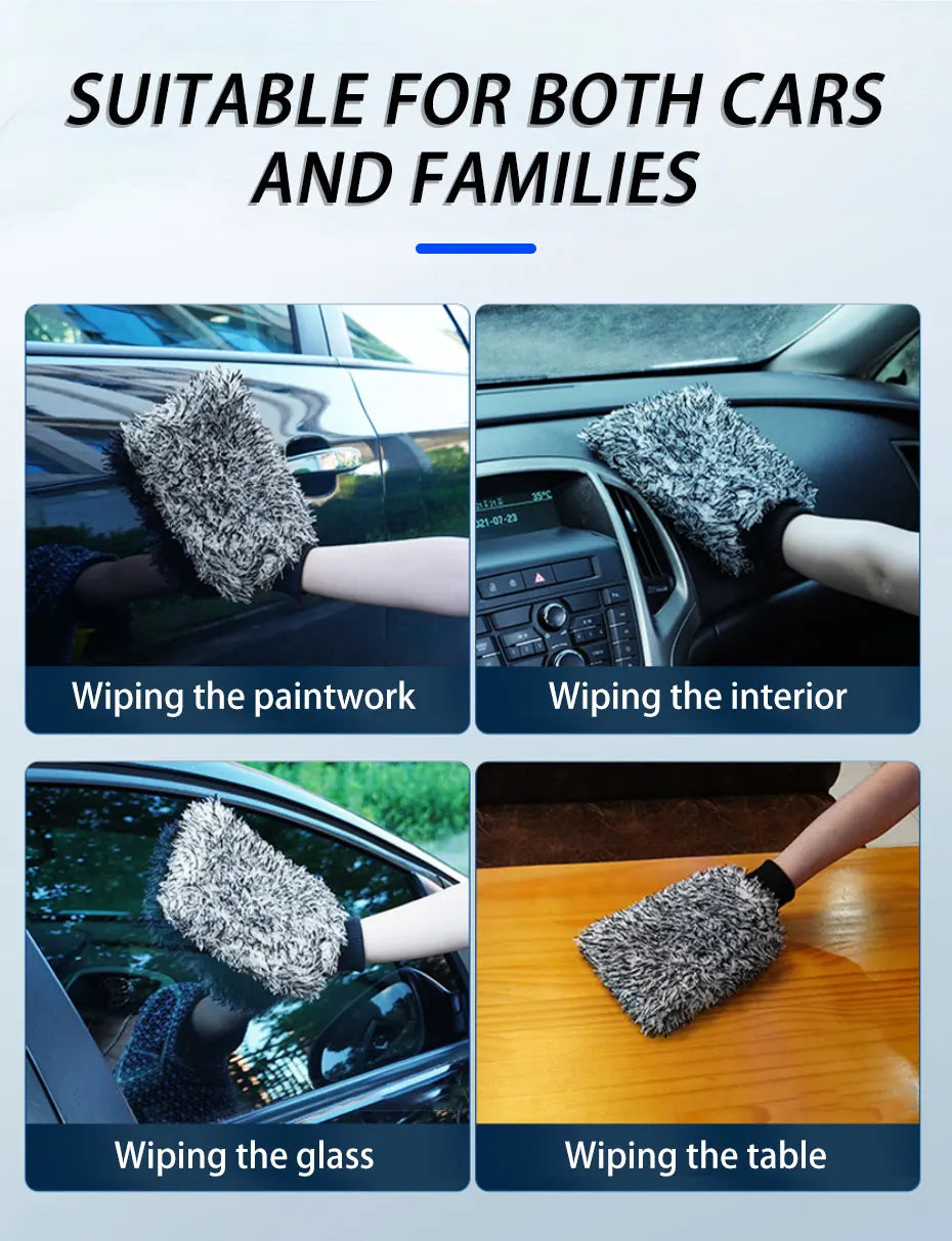A set of ultra-soft microfiber wheel cleaning brushes and gloves used for wiping car paint, interior, glass, and tables.