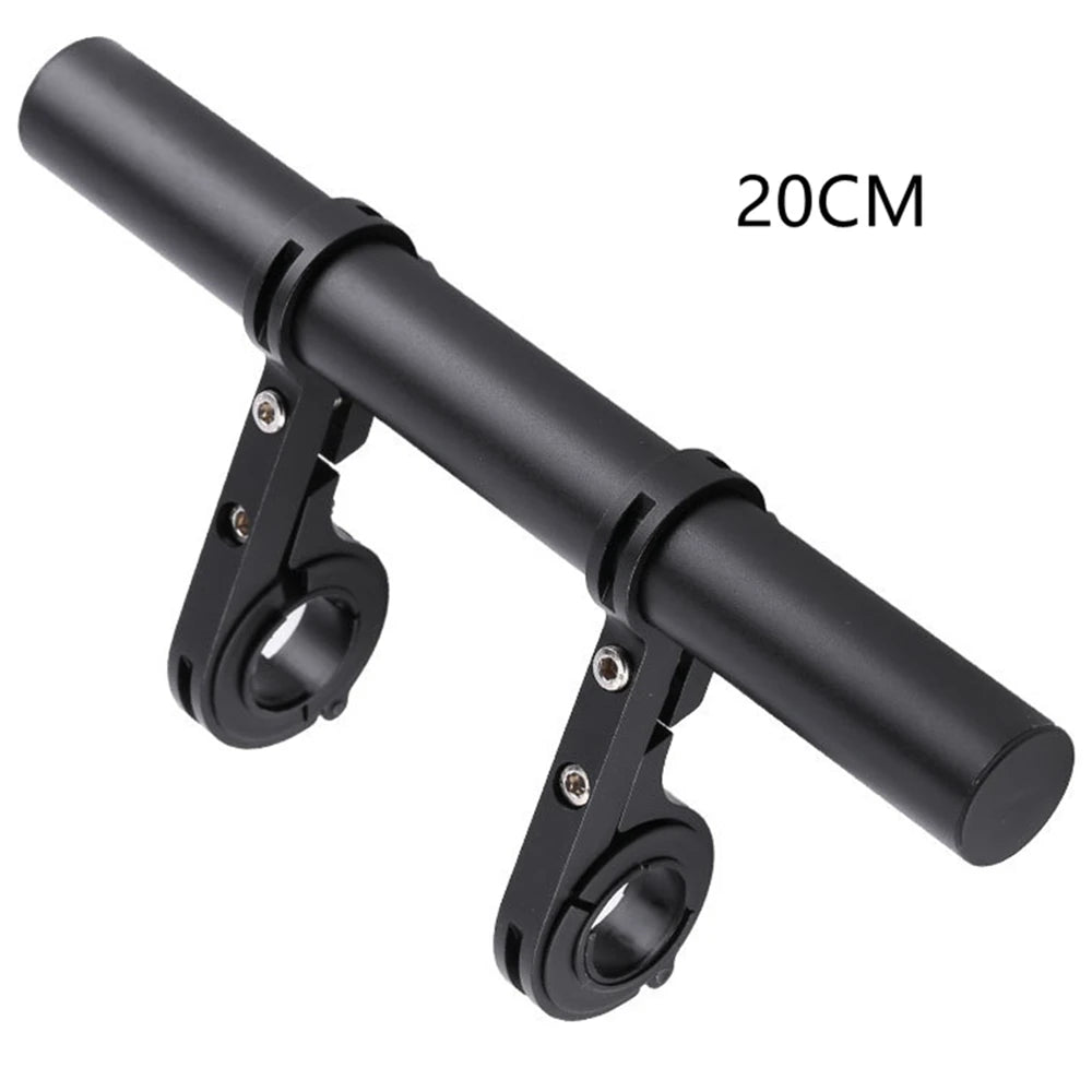 Black aluminum alloy bicycle handlebar extender mount with a 20cm length.