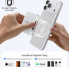 Une main tient un smartphone blanc avec un accessoire à anneau magnétique, démontrant une connexion magnétique plus forte.