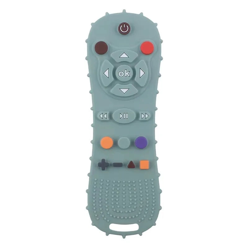A light green silicone game controller teether with various buttons and a textured grip.