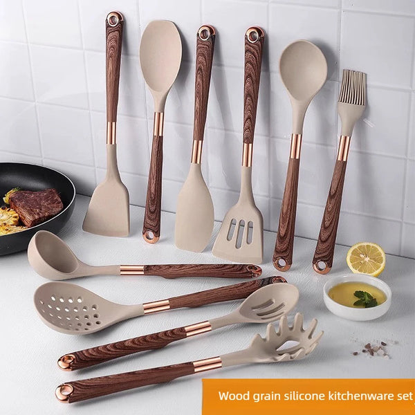 Ensemble d'Ustensiles de Cuisine en Silicone à Motif Bois