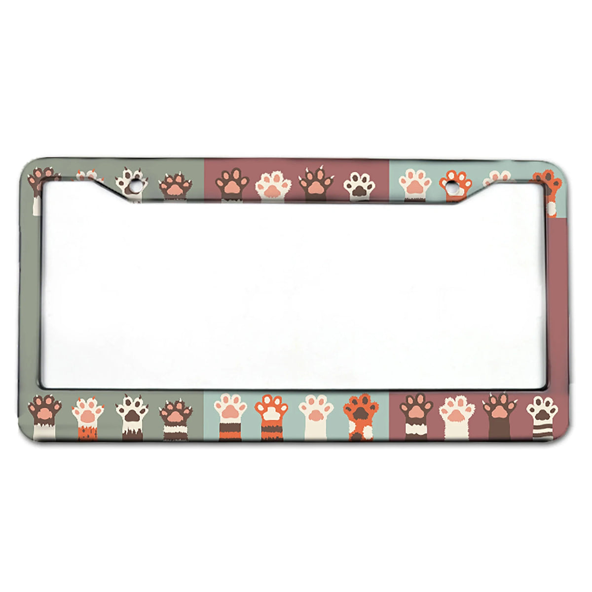 A rectangular aluminum license plate frame with a decorative border featuring various paw prints in earthy tones.
