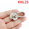 A hand holds a silver heavy duty neodymium magnetic hook with a swivel carabiner.