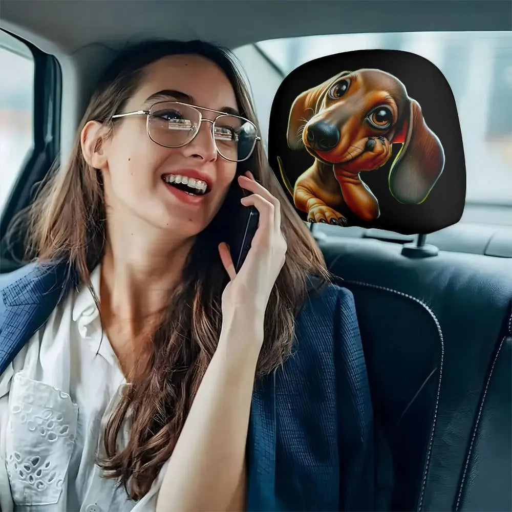 A woman wearing glasses is looking at a phone while sitting in a car, with a cute dachshund headrest cover displayed nearby.