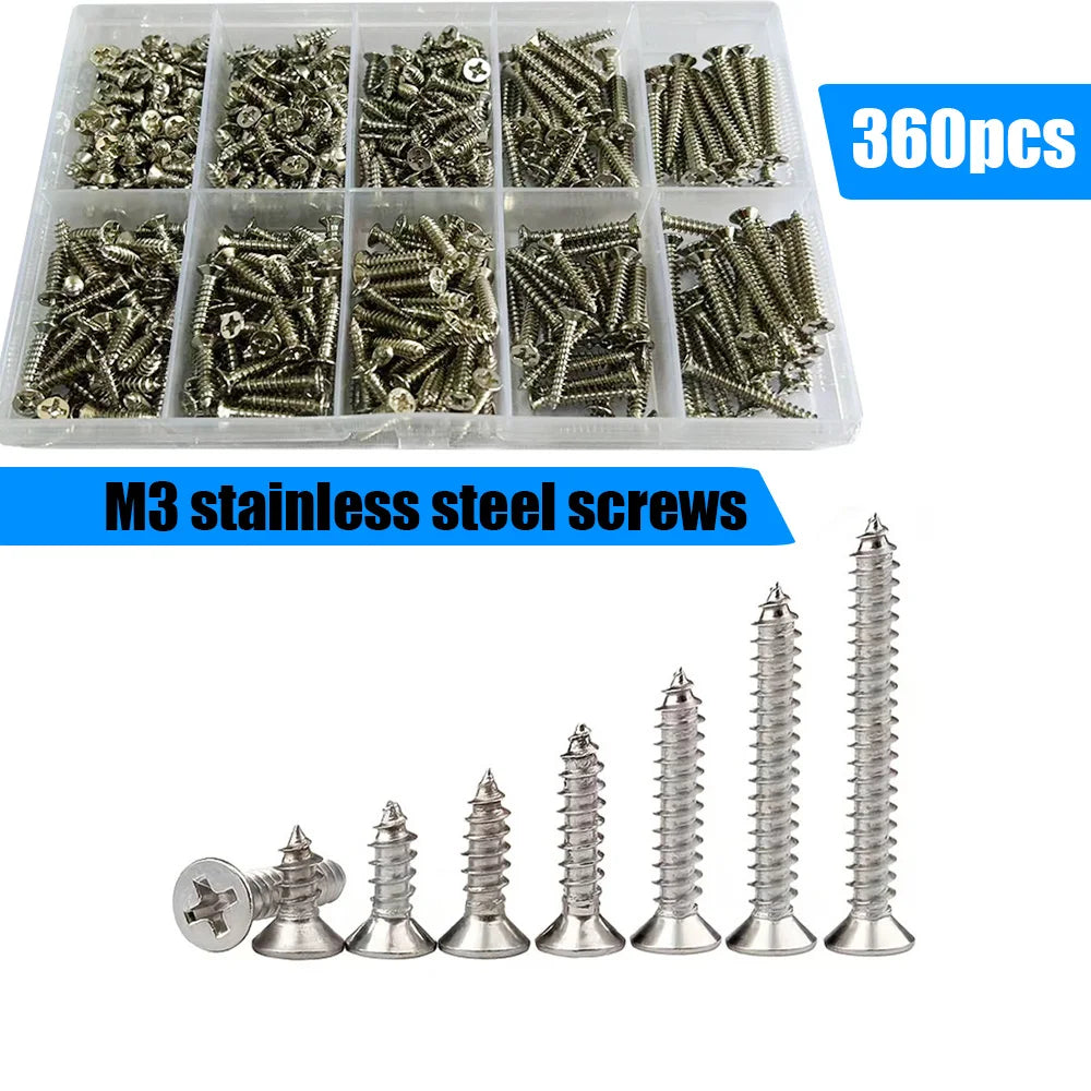 A plastic tray filled with 360 pieces of M3 stainless steel self-tapping screws, shown alongside individual screws.