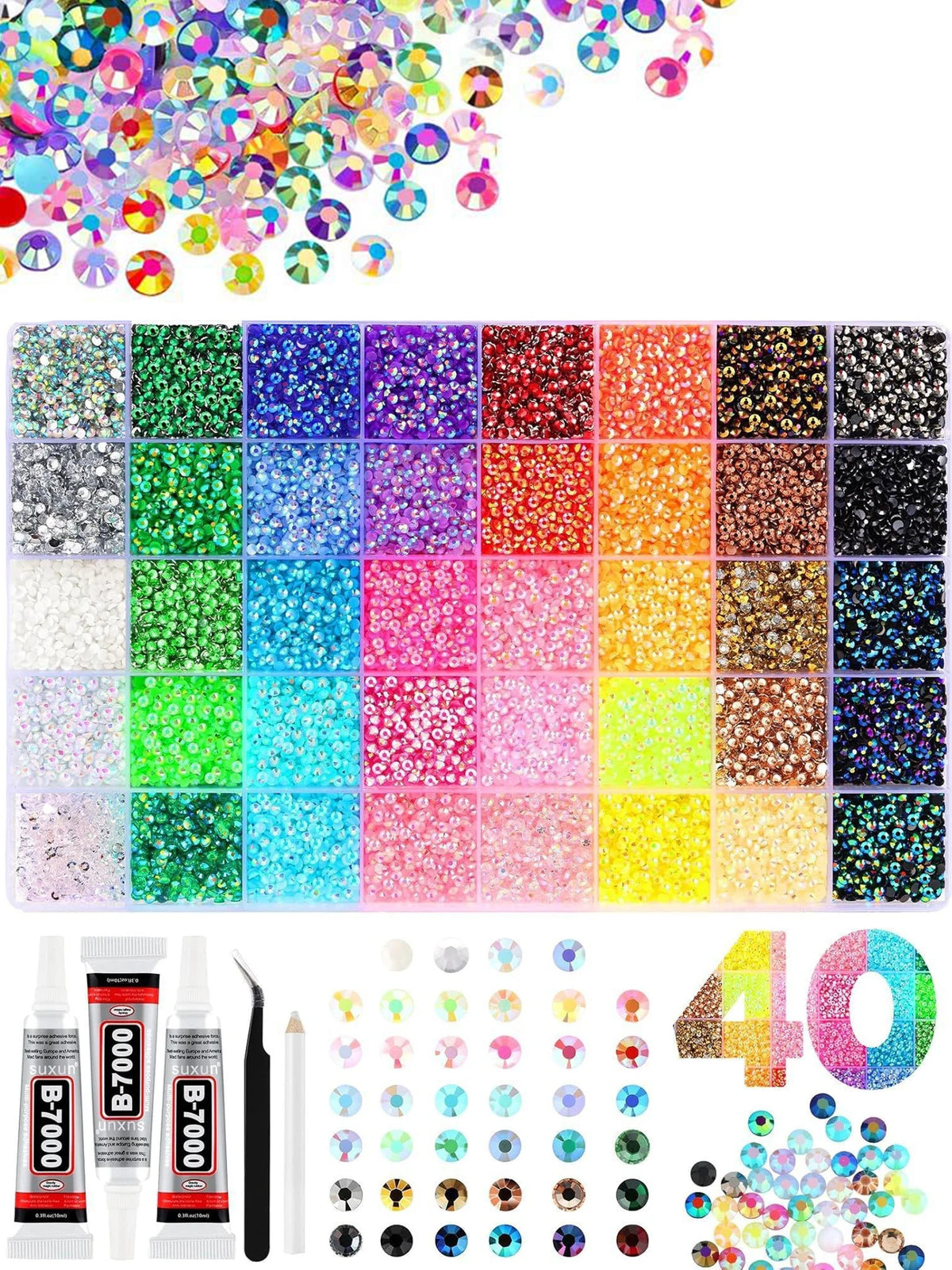 40-Color Flatback Resin Rhinestone Kit for Crafts