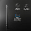 A black universal car radio antenna shown vertically with text indicating 1 minute install and no tools required.