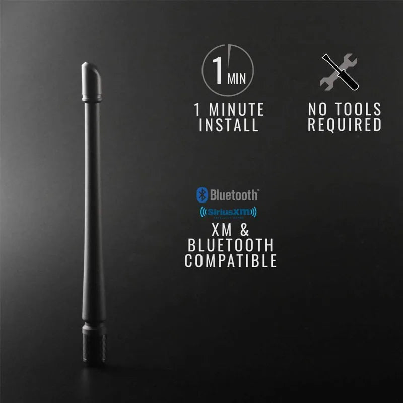 A black universal car radio antenna shown vertically with text indicating 1 minute install and no tools required.