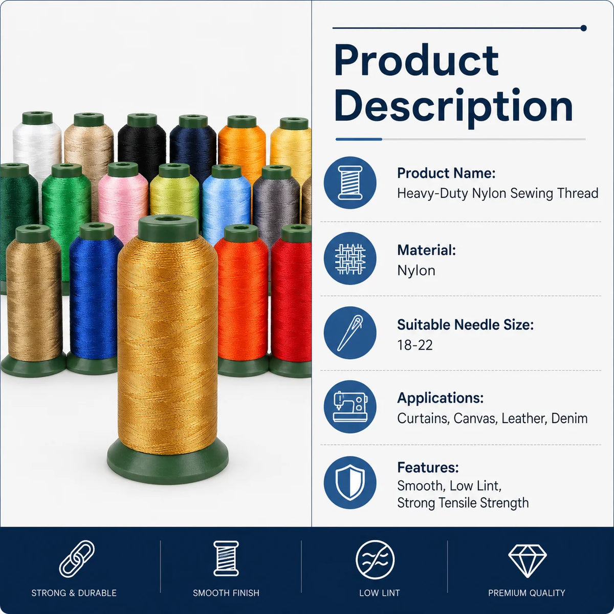 A spool of heavy-duty nylon sewing thread in various colors is shown next to a sewing needle.